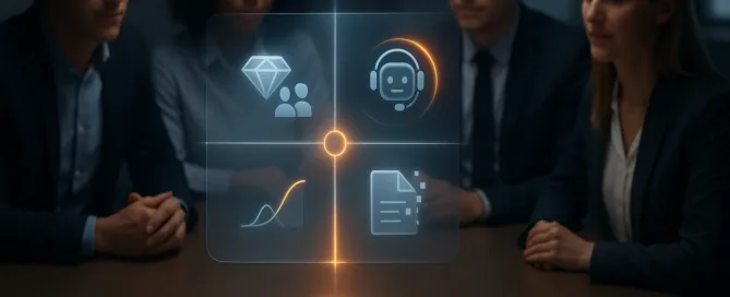 Prozessgrafik und im Hintergrund ein Berater-Team mit Kunden