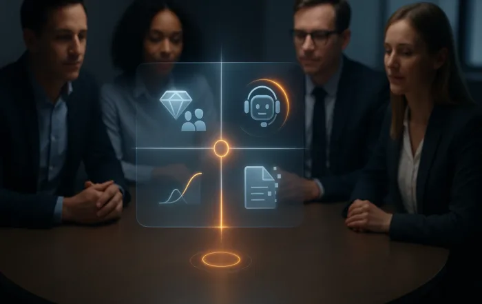 Prozessgrafik und im Hintergrund ein Berater-Team mit Kunden